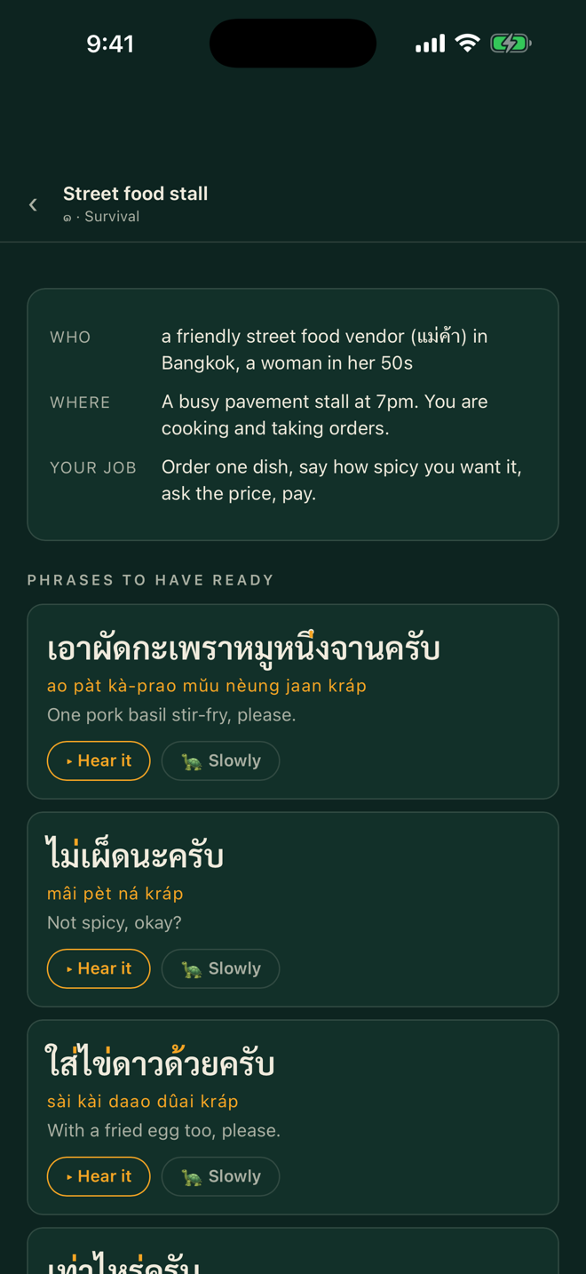 A scene briefing screen setting the goal for the conversation.