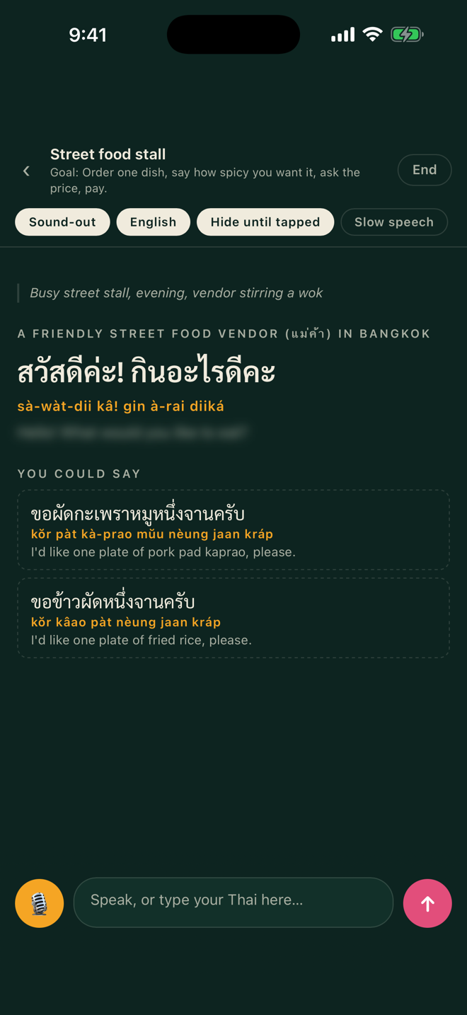 A Thai conversation in progress with the character's reply and romanisation.